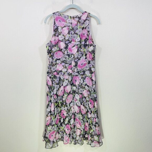 Lauren Ralph Lauren Size 12 100% Silk Dress Floral Sleeveless Pink Gray Pleated - Picture 2 of 4